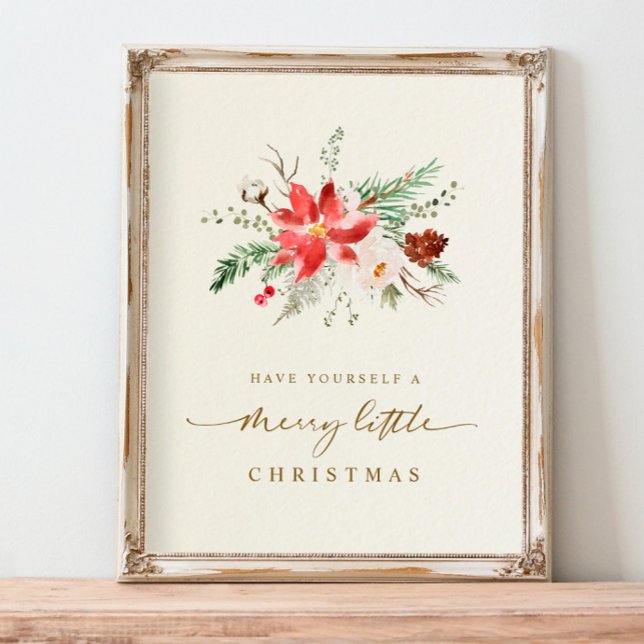 Póster Imprimible Navidad Elegante Boho Verdor (Printable Christmas Gift - Boho Elegant Holiday Print with poinsettia and greenery foliage)