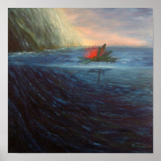 Póster Imprimir: Flor roja de Pohutukawa en el mar azul