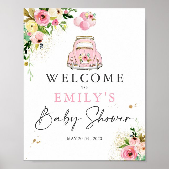 Póster Impulso Por Signo De Bienvenida Baby Shower Floral (Frente)