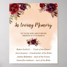 Póster In Loving Memory Burgundy Flowers Wedding Sign