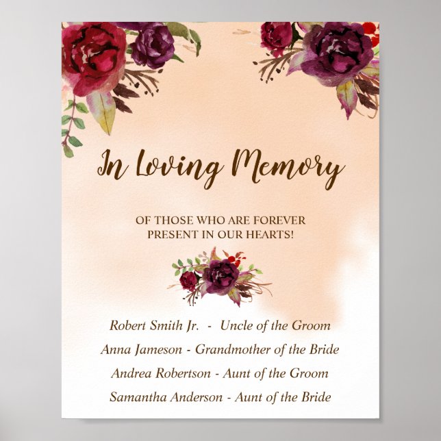 Póster In Loving Memory Burgundy Flowers Wedding Sign (Frente)
