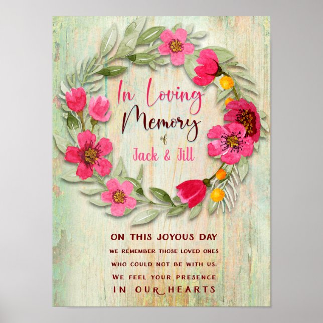 Póster In Loving Memory Pink Green Wreath Custom Sign (Frente)