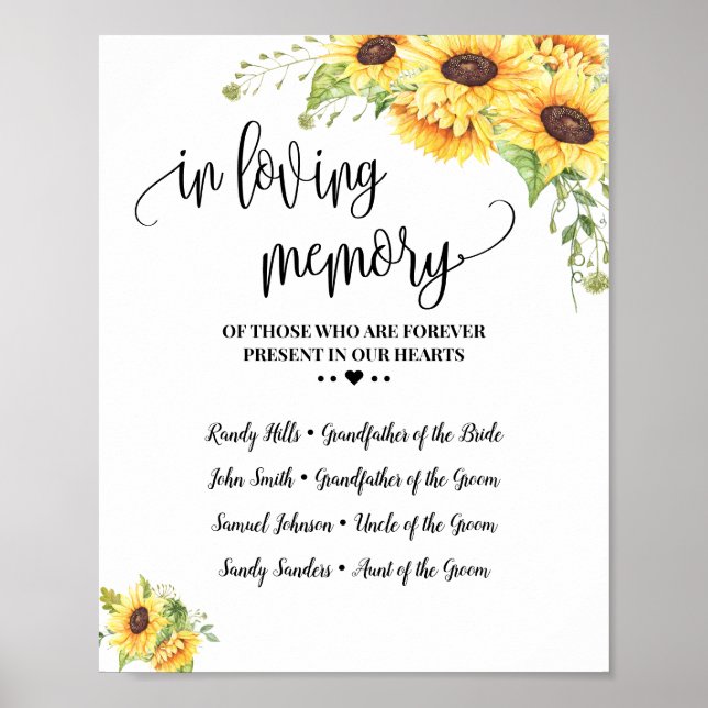 Póster In loving memory remembrance sunflowers wedding (Frente)