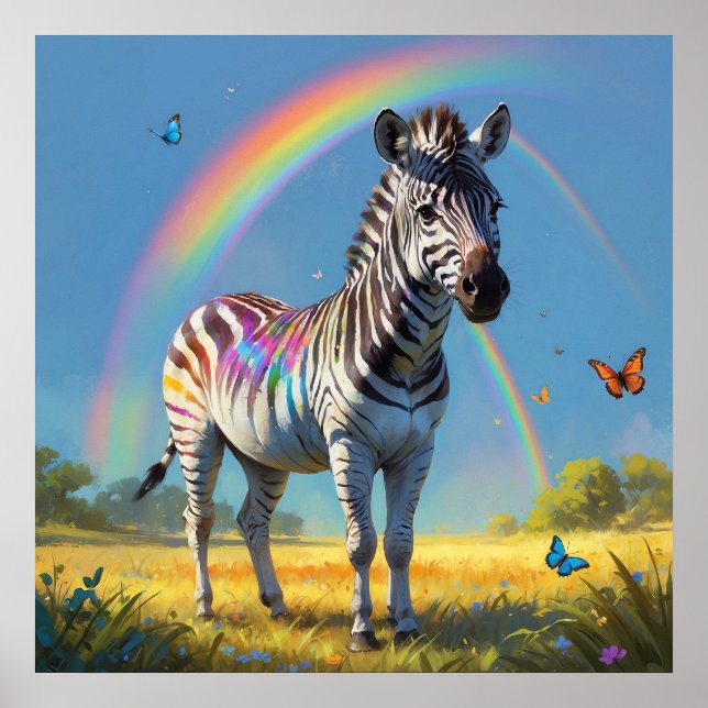 Póster Increíble cebra en estado salvaje con arcoiris y m (Frente)