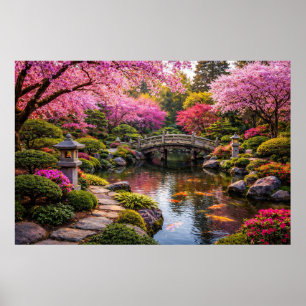 Póster Incríble jardín japonés y estanque de koi