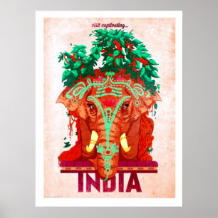 Póster India, elefante rojo, poster de viaje vintage