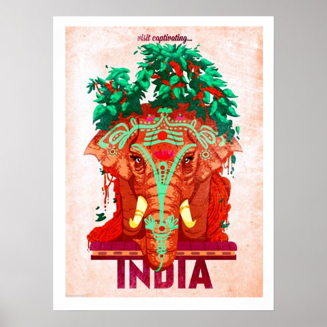 Póster India, elefante rojo, poster de viaje vintage (Frente)