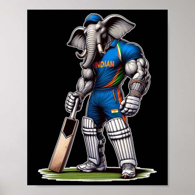 Póster India Elephant Cricket Player Cricketer  (Frente)