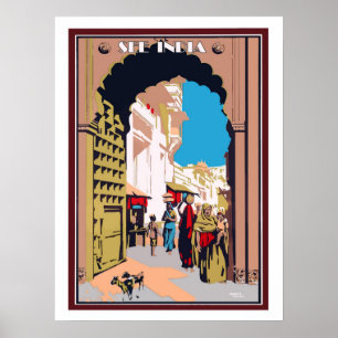 Póster India, gente en la calle de la ciudad, viaje vinta