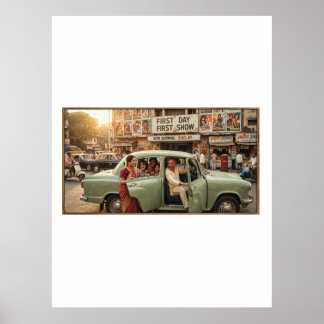 Póster India nostálgica de los 70: Coche Ambassador