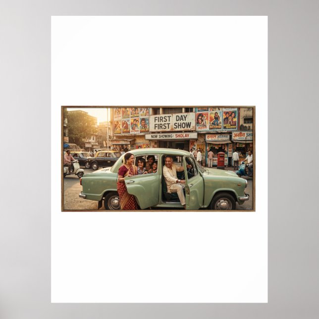 Póster India nostálgica de los 70: Coche Ambassador (Frente)