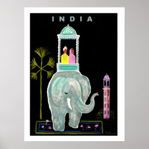 Póster India, pareja montada en elefante azul, pintura