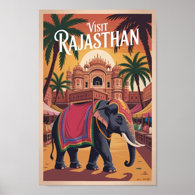 Póster India Rajasthan Illustration Travel Art Vintage (Frente)