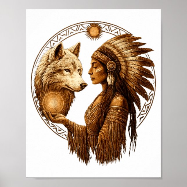 Póster Indian Native American Woman With White Wolf Vinta (Frente)