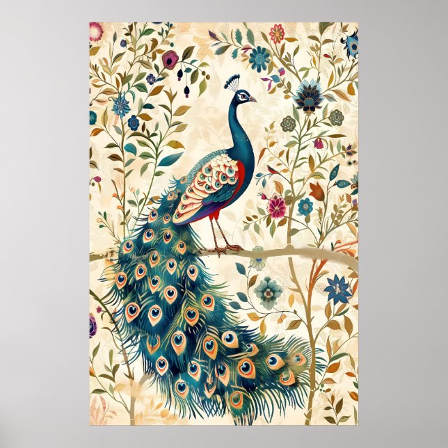 Póster Indian Peacock Art Print Botanical Bird (Frente)