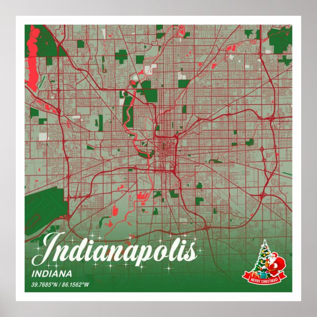 Póster Indianápolis - Navidades Indiana Mapa de la ciudad (Frente)