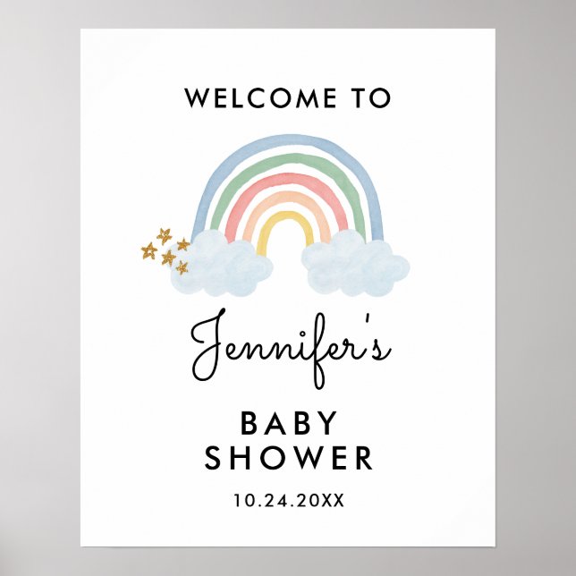Póster Indicador de bienvenida de Baby Shower con arco ir (Frente)