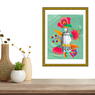 Póster Indigenous Woman W/ Colorful Flowers On Soft Green