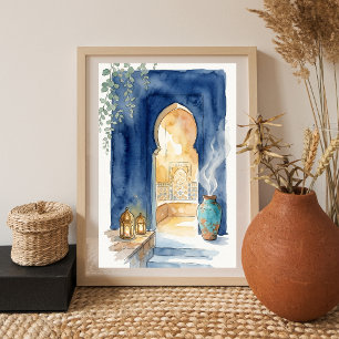 Póster Índigo y Ocra Hammam Marroquí Acuarela