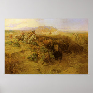 Póster Indios antiguos, caza de búfalos por CM Russell
