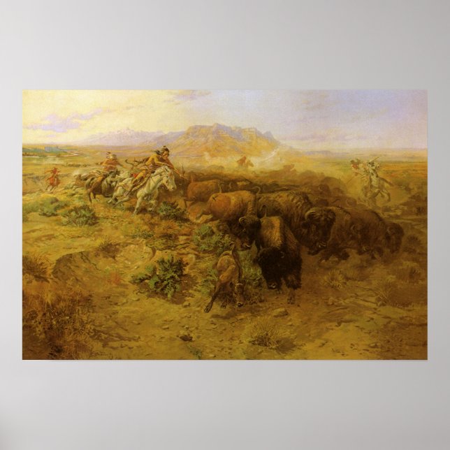 Póster Indios antiguos, caza de búfalos por CM Russell (Frente)
