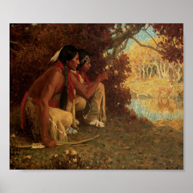 Póster Indios nativos estadounidenses cazan venados e imp (Frente)