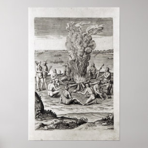 Póster Indios que ruegan alrededor de un fuego, grabando