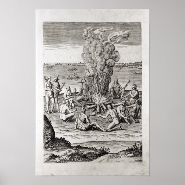 Póster Indios rezando alrededor de un incendio, grabando (Frente)