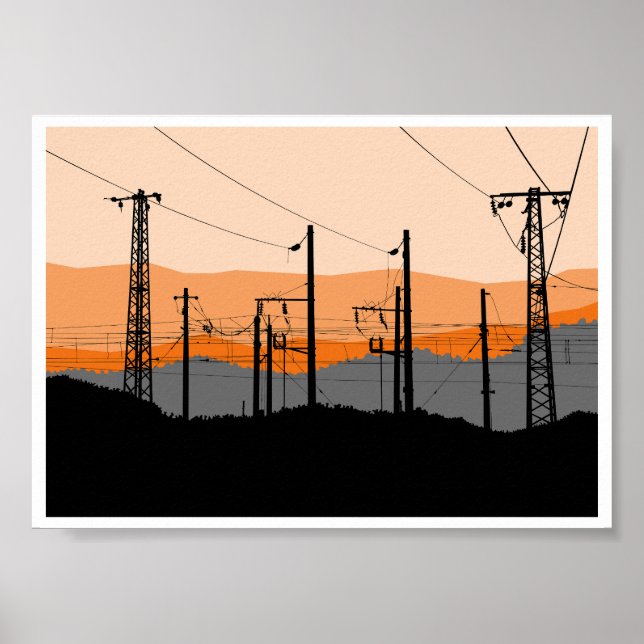Póster  Industrial Sunset Silhouette Power Lines  (Frente)