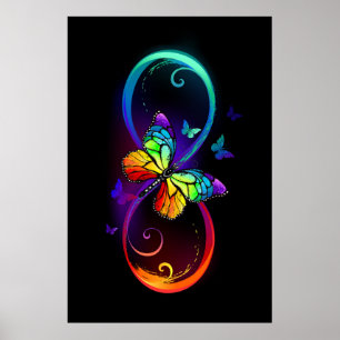 Póster Infinito vibrante con mariposa arco iris sobre neg