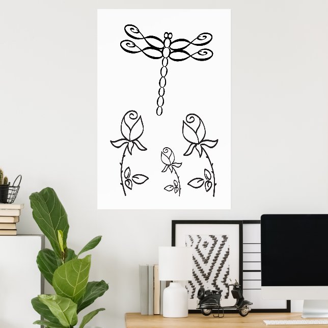 Póster Infinity Dragonfly with Roses Black and White (Oficina en casa)