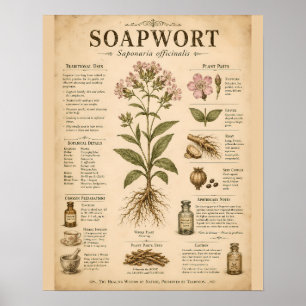 Póster Infografía botánica de Soapwort vintage con tradit