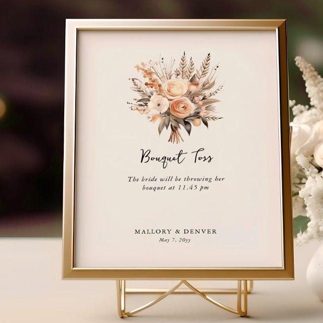 Póster Información de recepción de bodas neutrales de Bou (Bouquet Toss Sign from Romantic Wedding signs collection by Darling & May)
