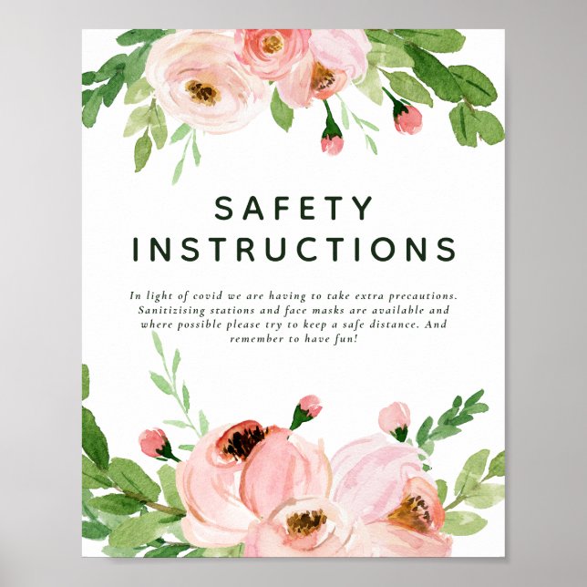 Póster Información de seguridad del boda de flores rosada (Frente)