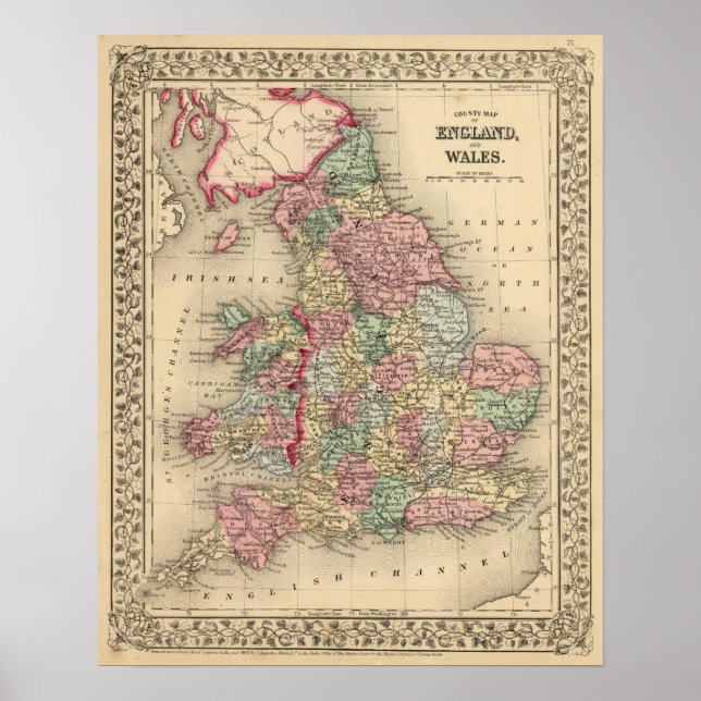 Póster Inglaterra, Mapa de Gales por Mitchell (Frente)