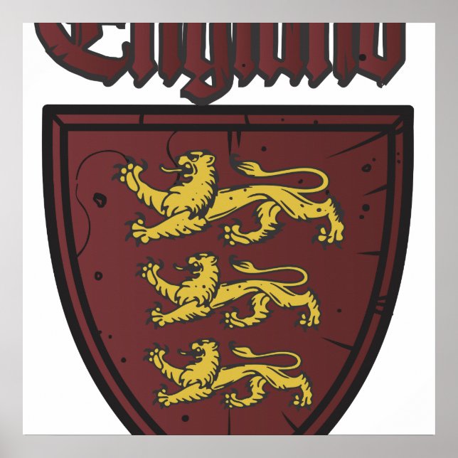 Póster Inglaterra Tres leones Escudo de madera (Frente)