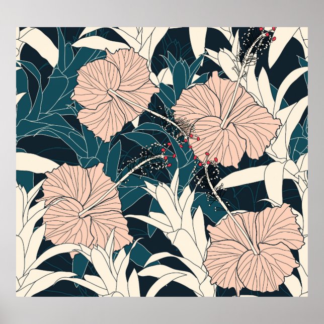 Póster Inhibisco rosa tropical, fondo oscuro (Frente)