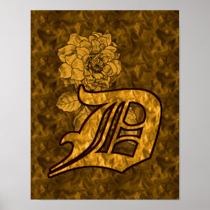 Póster Inicial de monograma D Flor de Peonía Dorada