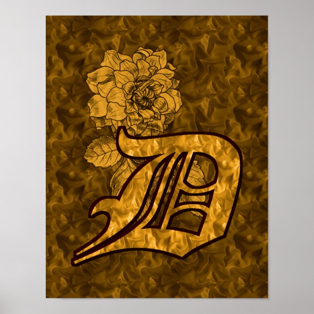 Póster Inicial de monograma D Flor de Peonía Dorada (Frente)
