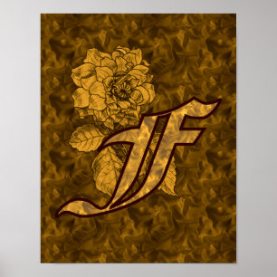 Póster Inicial de monograma F Dorado Floral Peonía 