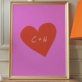 Póster Iniciales personalizadas de amor de corazón rojo r