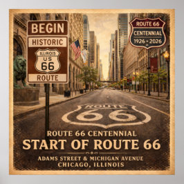 Póster Inicio de la Ruta 66 Chicago Illinois Centenario