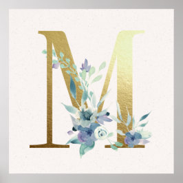 Póster Initial M Golden and Blue Floral Monogram Poster
