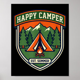 Póster Insignia de campista feliz tienda de campaña fogat
