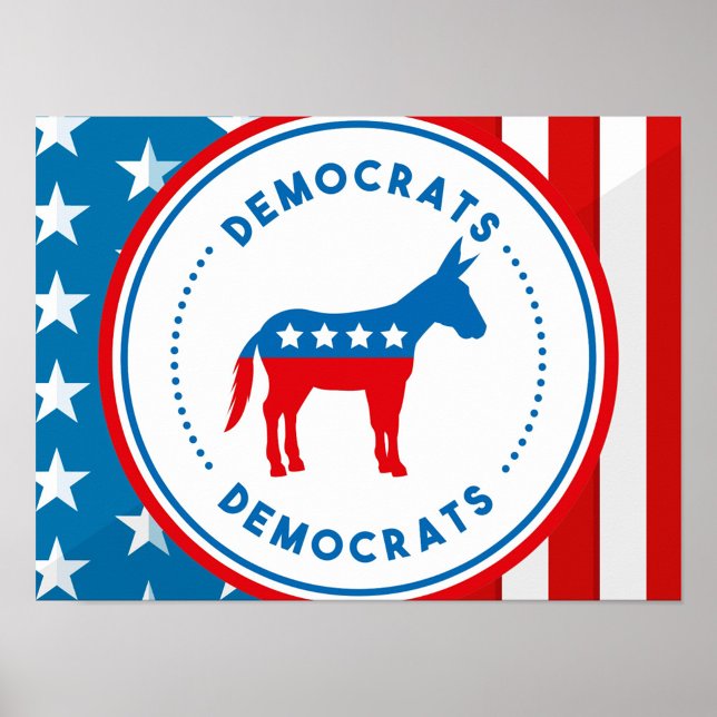Póster Insignia del Partido Demócrata  (A strong Democratic Party badge with iconic donkey art and America textures.)