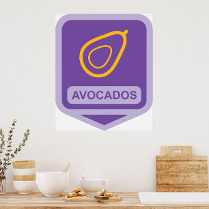 Póster Insignia minimalista de aguacate en morado y oro