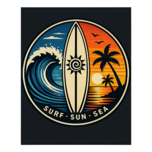 Póster Insígnia Vintage Surf Sol Mar – Olas de puesta de 