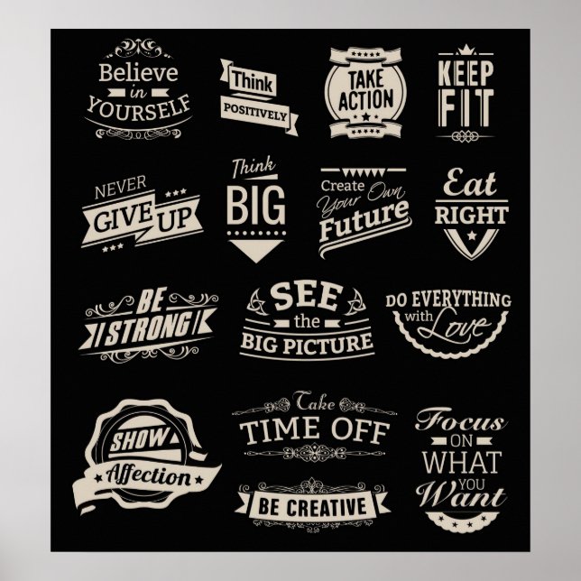 Póster Insignias motivacionales en blanco y negro (Frente)