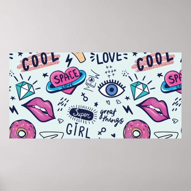 Póster Insignias para el parche de moda. Patrón sin foco  (Frente)