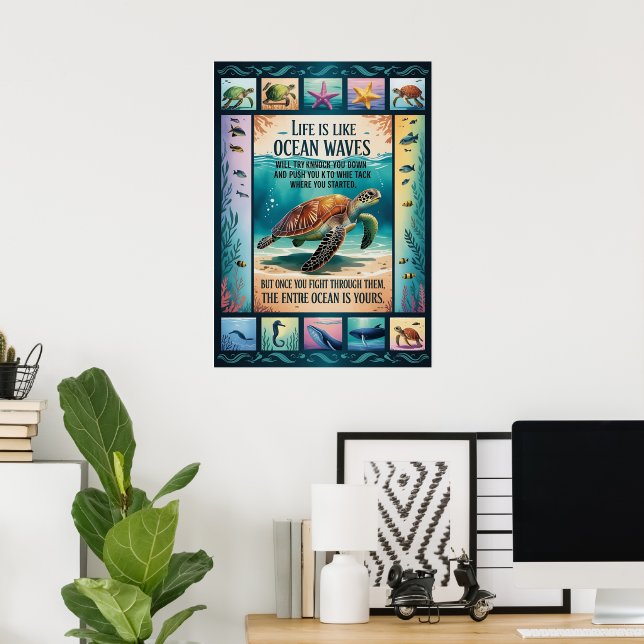 Póster Inspirational Sea Turtle Ocean Poster “Life Is Lik (Oficina en casa)
